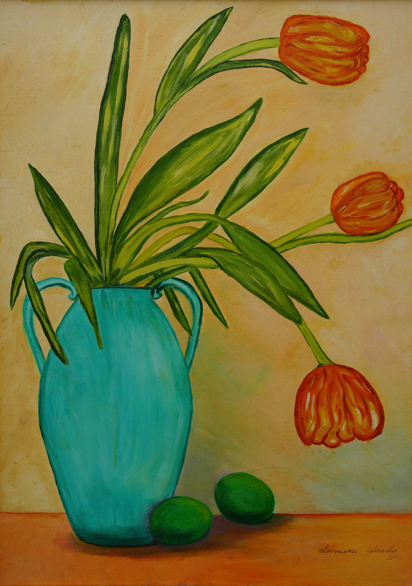 COLOURFUL STILL LIFE: Tulips in a Turquoise Vase