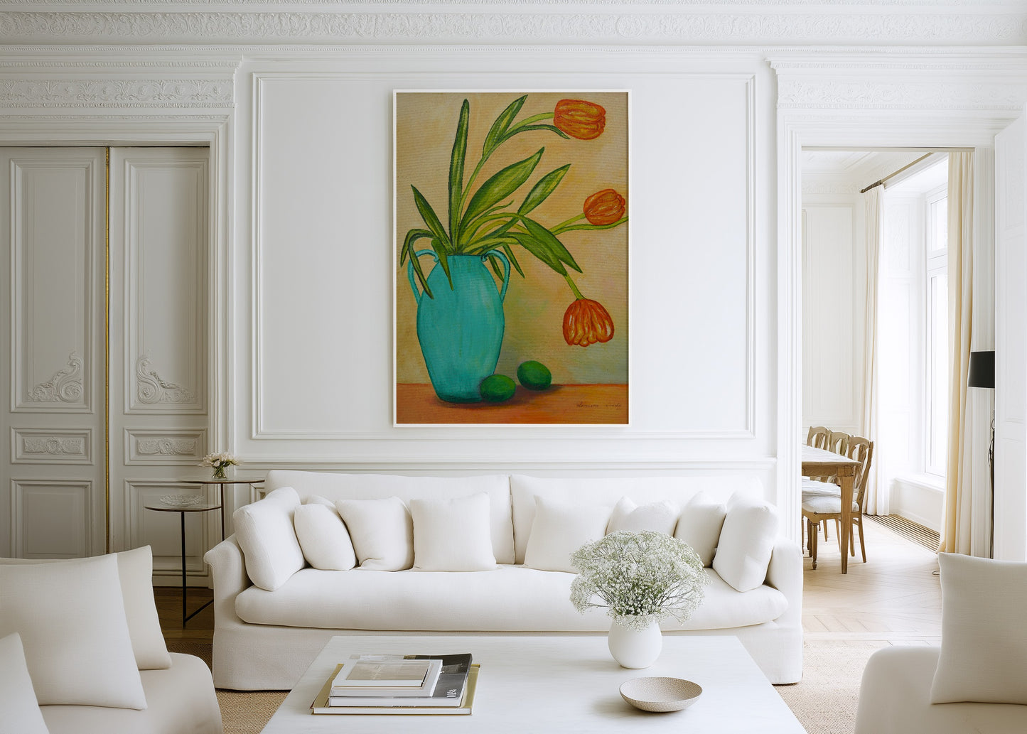 COLOURFUL STILL LIFE: Tulips in a Turquoise Vase