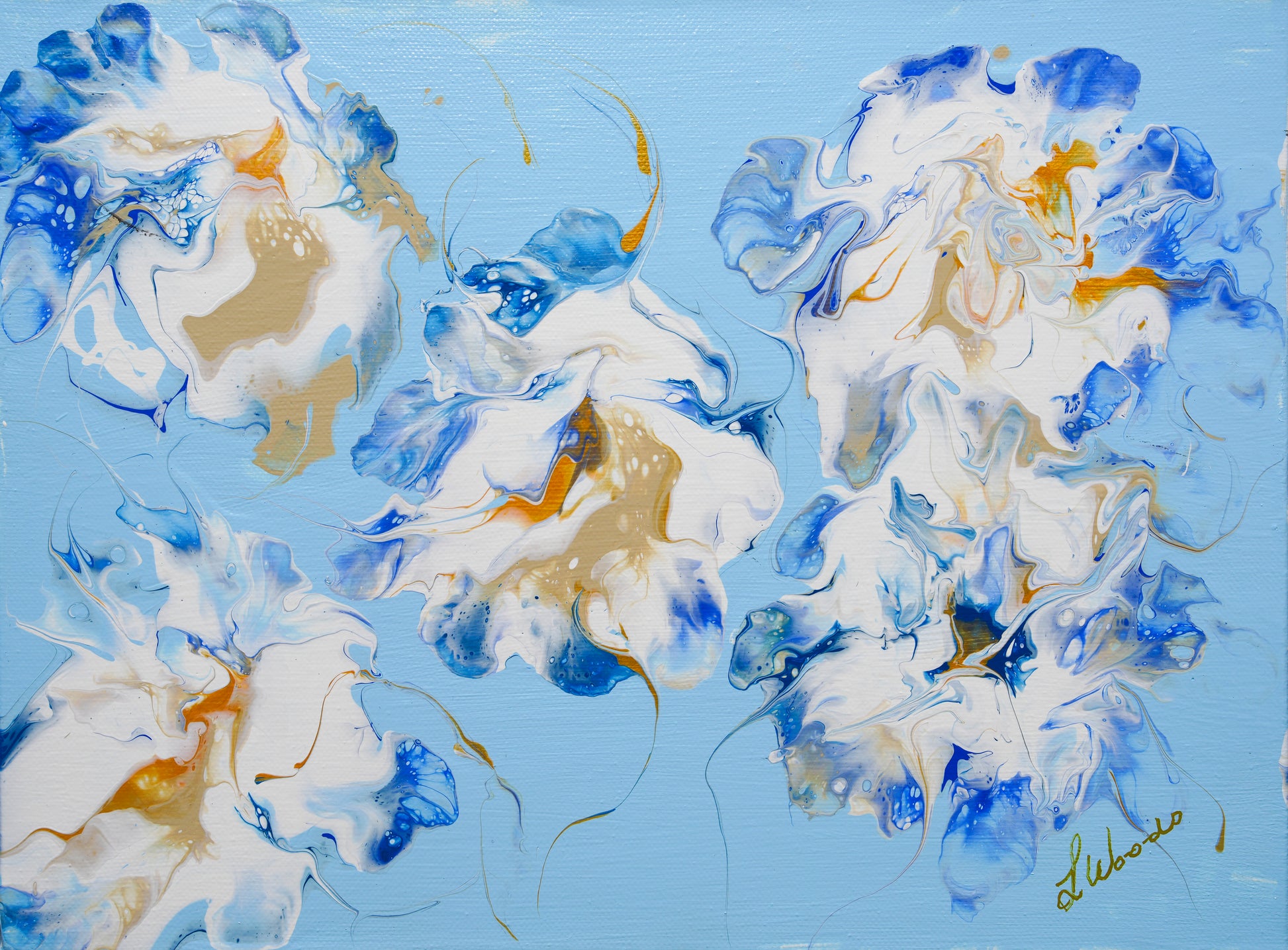 Abstract artwork with blue, white, and gold colors on a light blue background