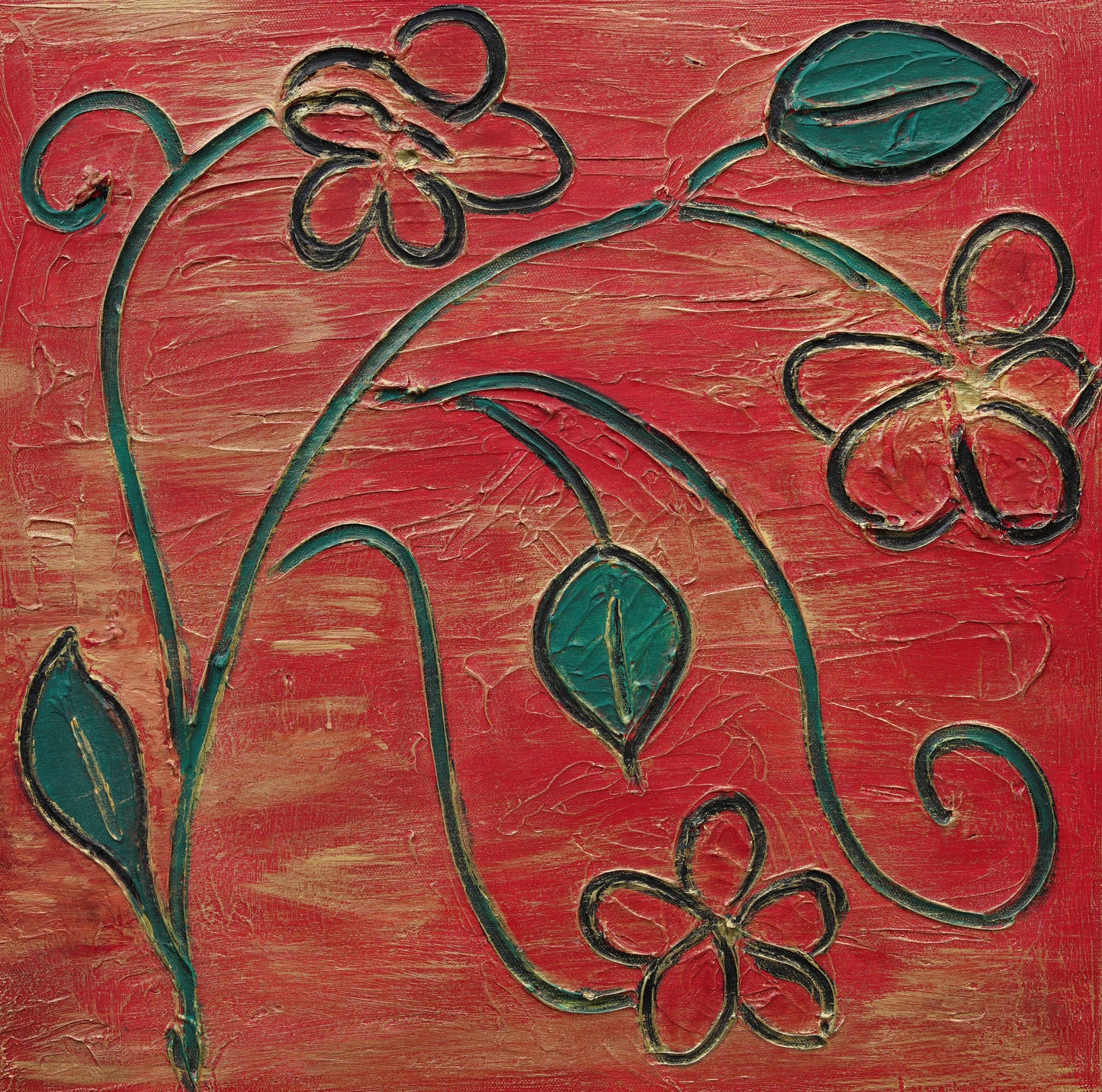 Textured Red and Green Design: Abstract Floral artwork