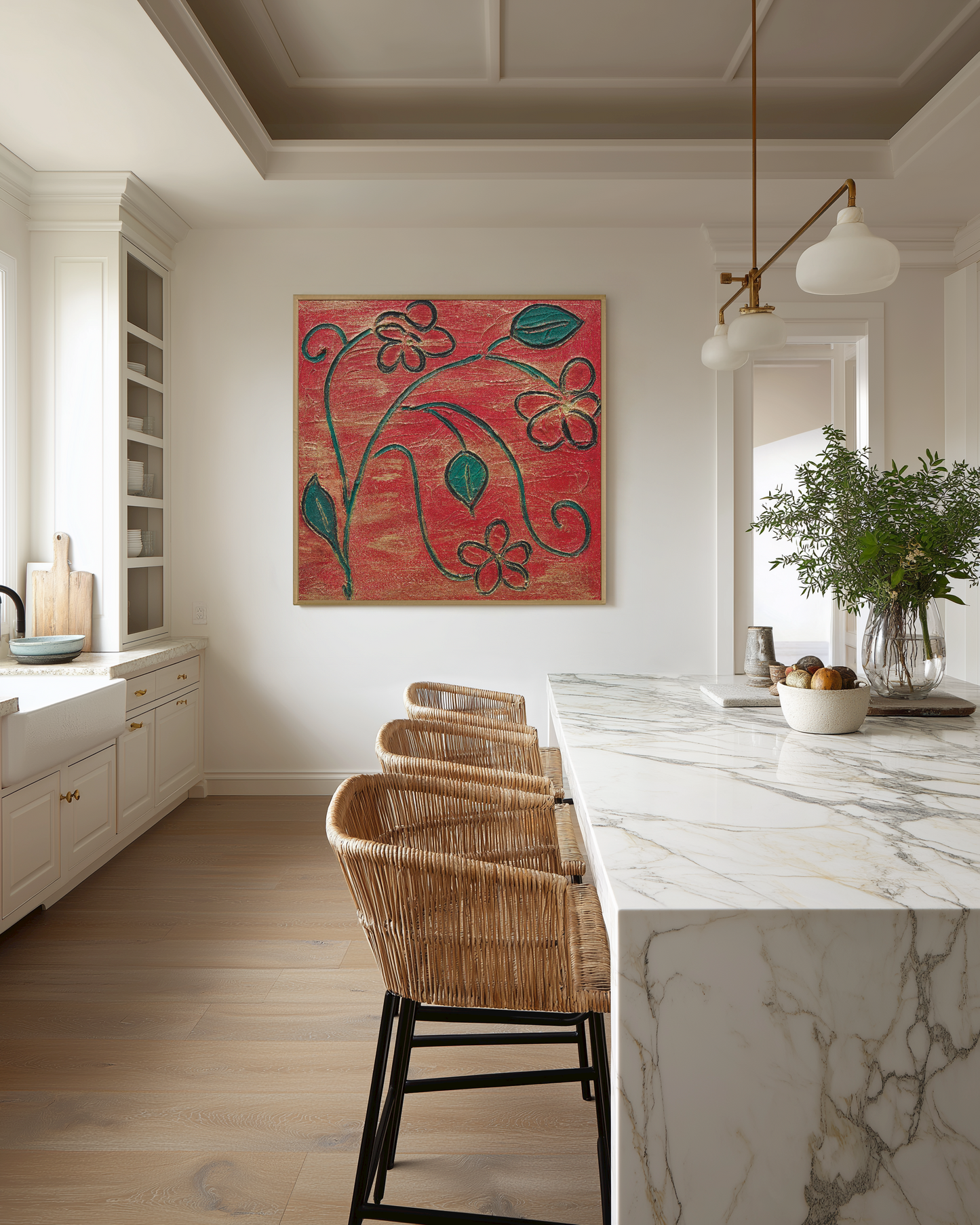 Textured Red and Green Design: Abstract Floral artwork