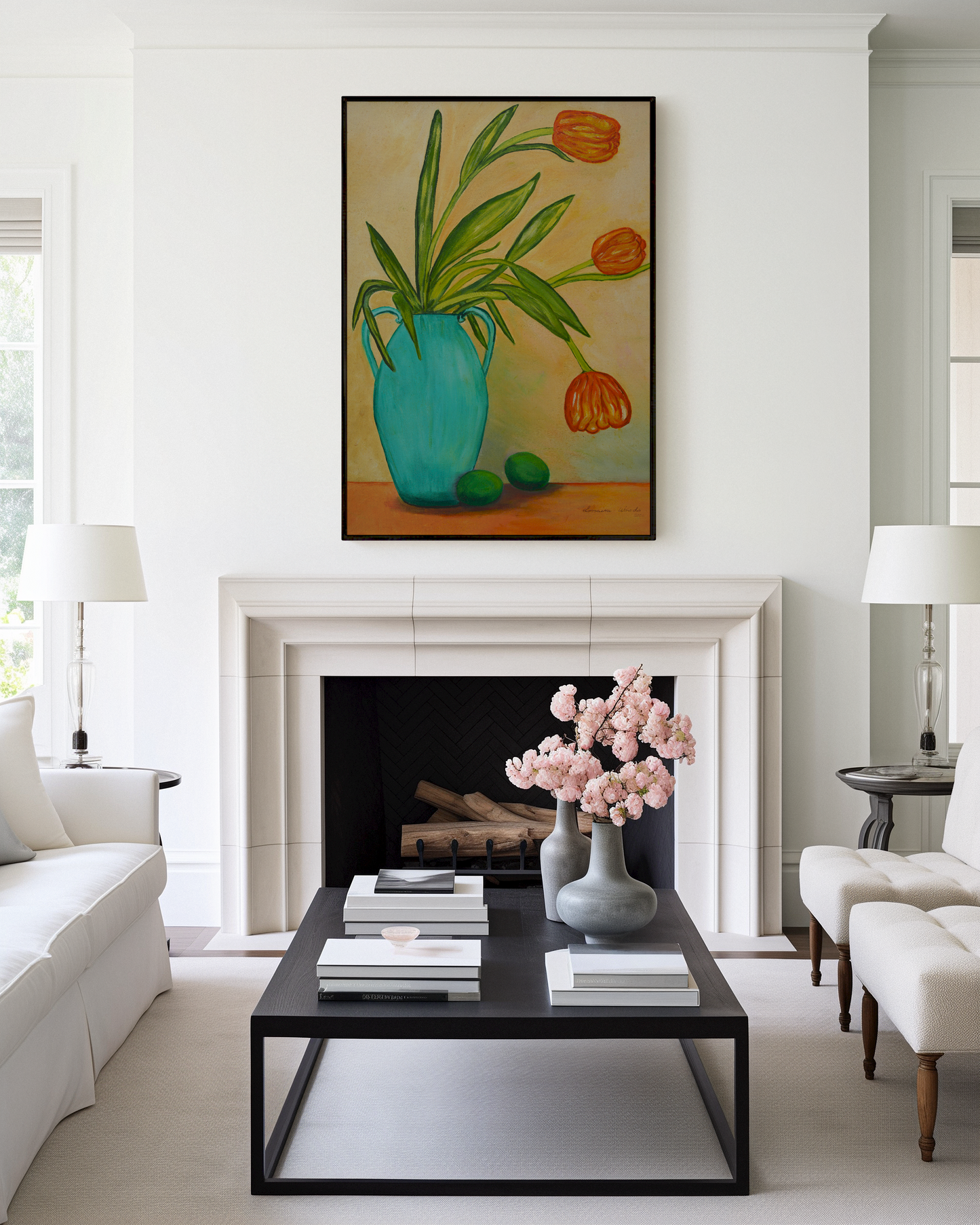 COLOURFUL STILL LIFE: Tulips in a Turquoise Vase